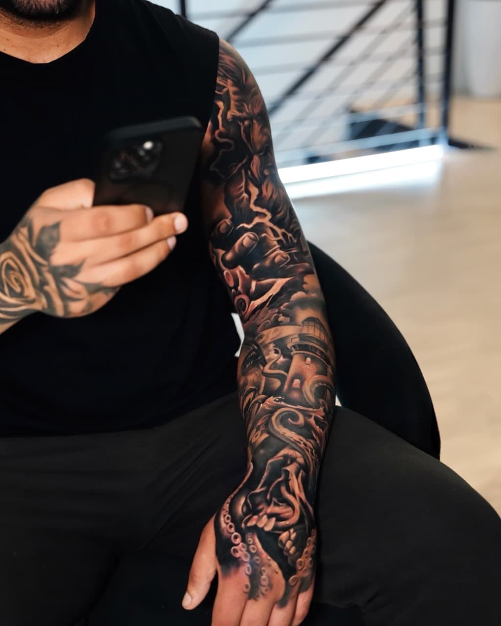 Black & Grey + Realism lighthouse tattoo on Full Sleeve by Vendler_Tattoo on TattMe