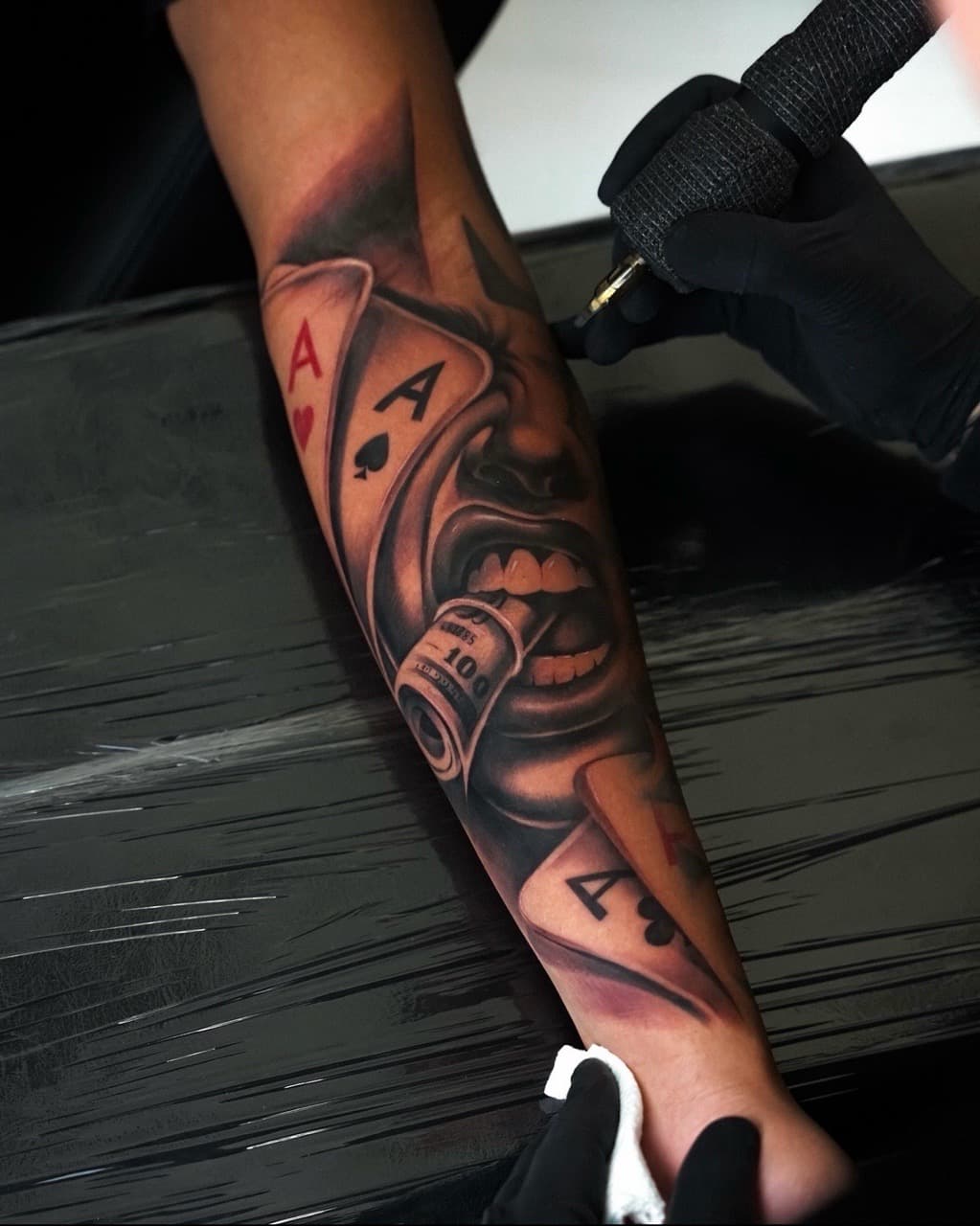 Black & Grey + Realism cards tattoo on Forearm by Vendler_Tattoo on TattMe