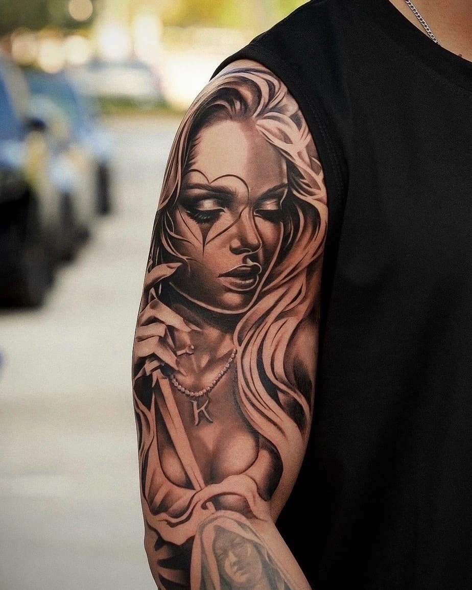 Black & Grey + Realism woman tattoo on Upper Arm by Vendler_Tattoo on TattMe