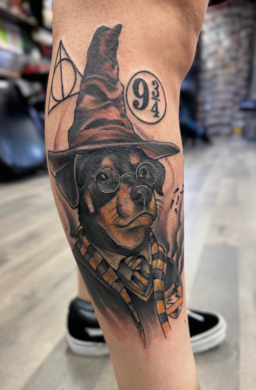 Illustrative + Pop Culture dog tattoo on Calf by Radtattoo on TattMe