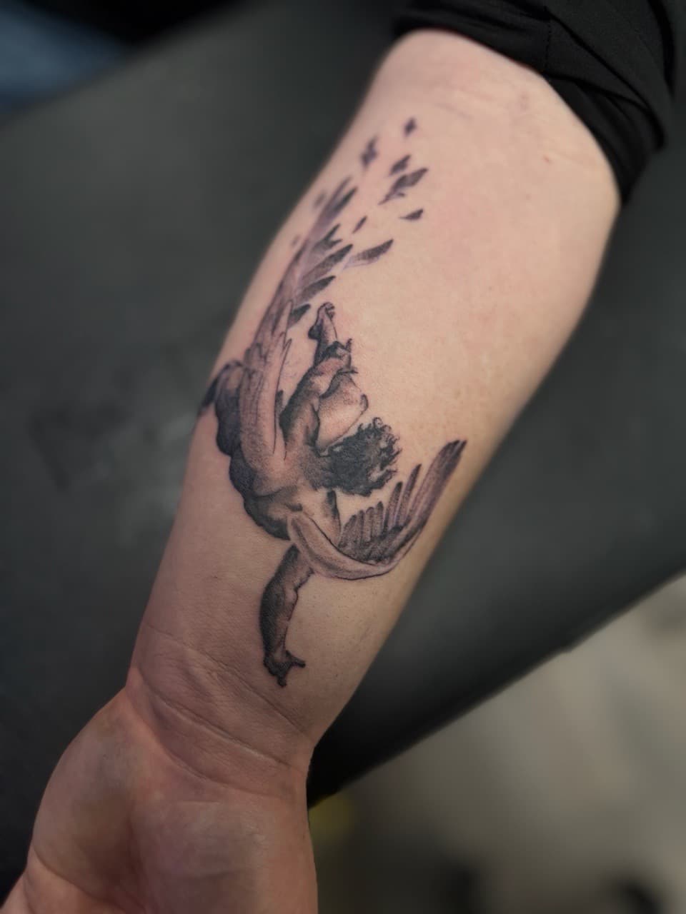 Black & Grey + Illustrative angel tattoo on Forearm by Radtattoo on TattMe