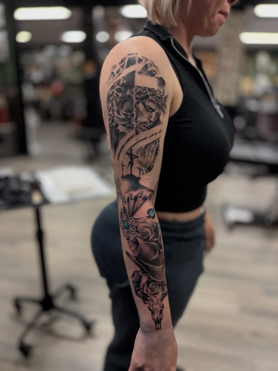 Black & Grey + Realism lion tattoo on Full Sleeve by Radtattoo on TattMe