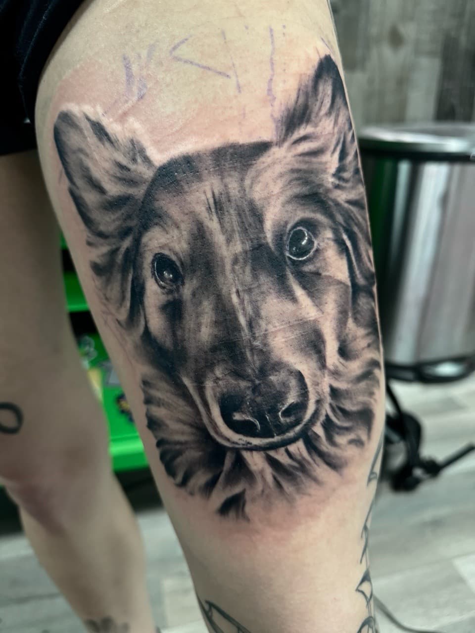 Black & Grey + Realism dog tattoo on Thigh by Radtattoo on TattMe