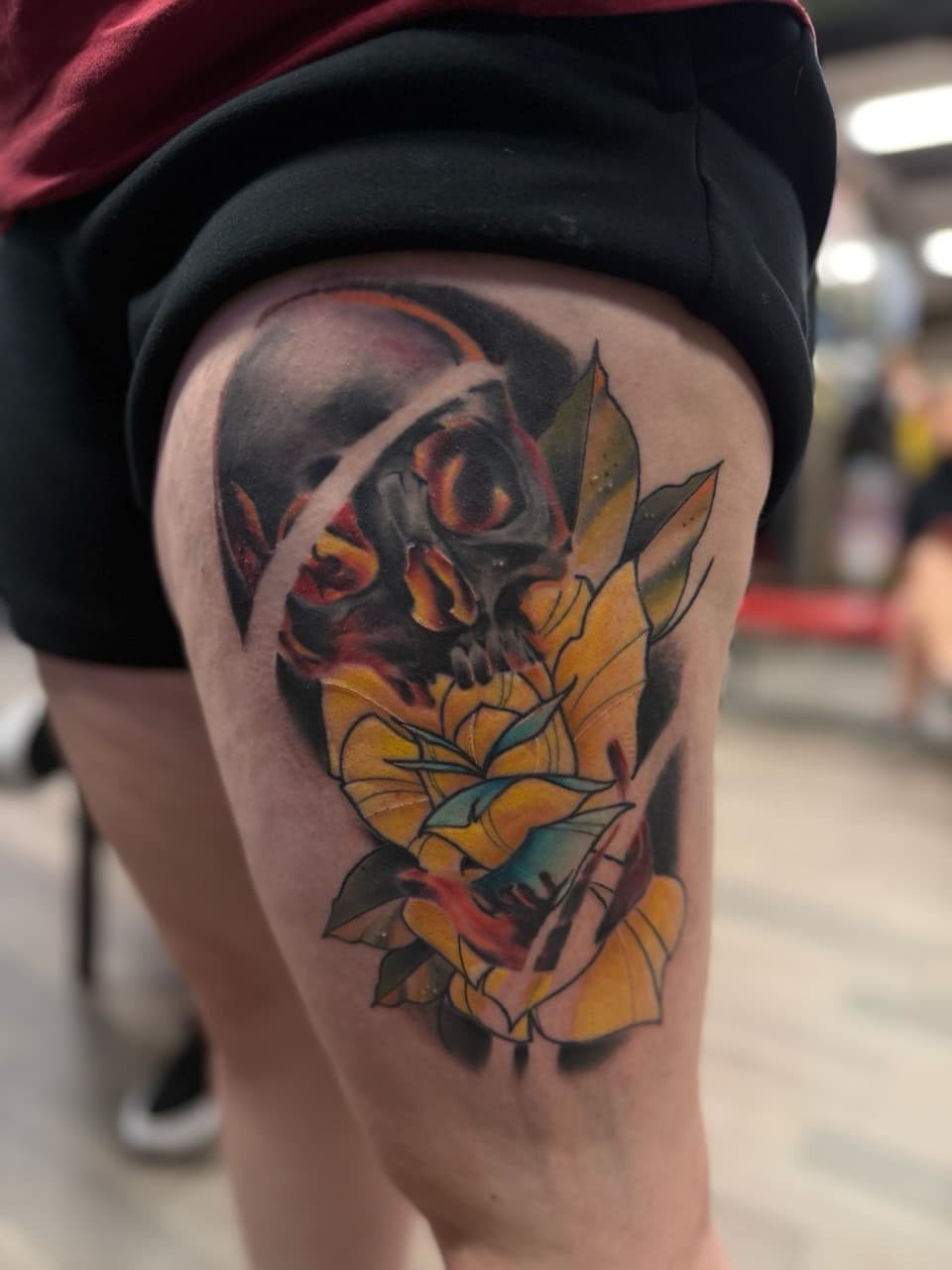 Neo-Traditional + Color skull tattoo on Thigh by Radtattoo on TattMe