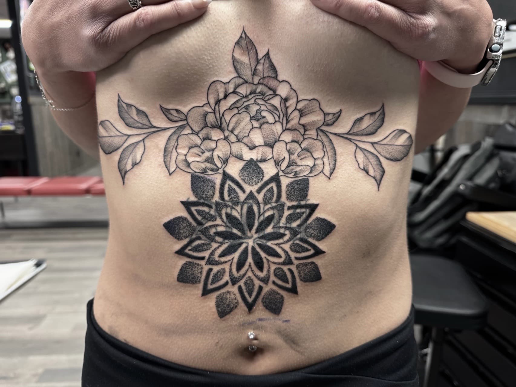 Black & Grey + Floral flowers tattoo on Sternum by Radtattoo on TattMe