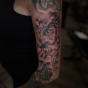 Black & Grey + Realism owl tattoo on Upper Arm by Radtattoo on TattMe