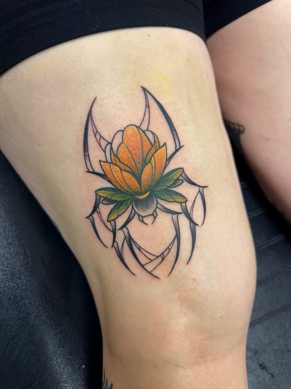 Traditional + Color spider tattoo on Thigh by Radtattoo on TattMe