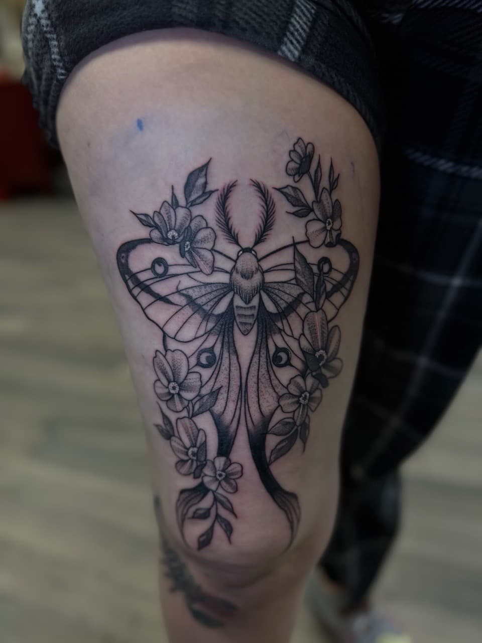 Black & Grey + Illustrative moth tattoo on Thigh by Radtattoo on TattMe