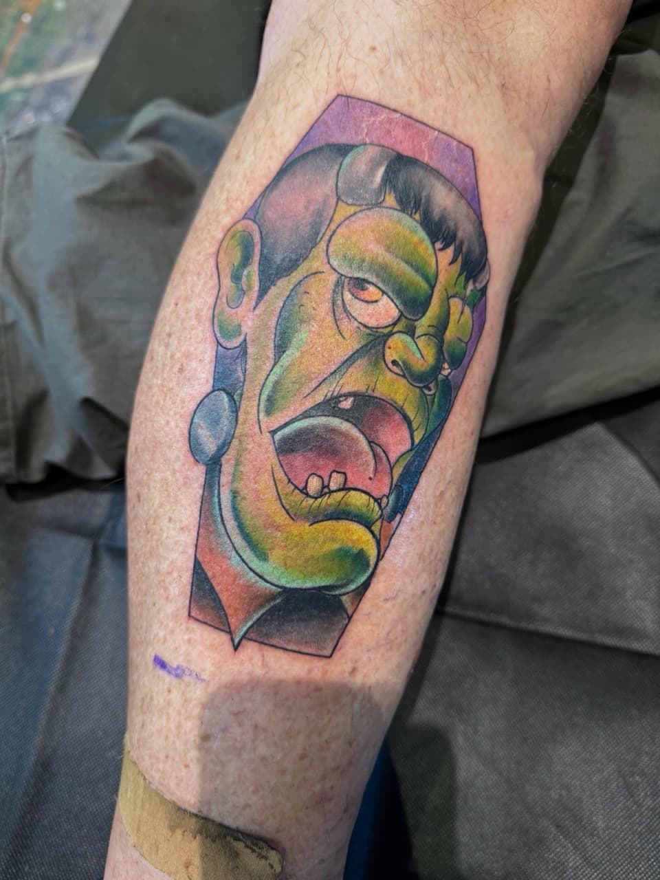 Neo-Traditional + New School frankenstein tattoo on Calf by Radtattoo on TattMe