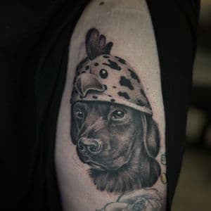 Realism + Black & Grey dog tattoo on Thigh by Radtattoo on TattMe