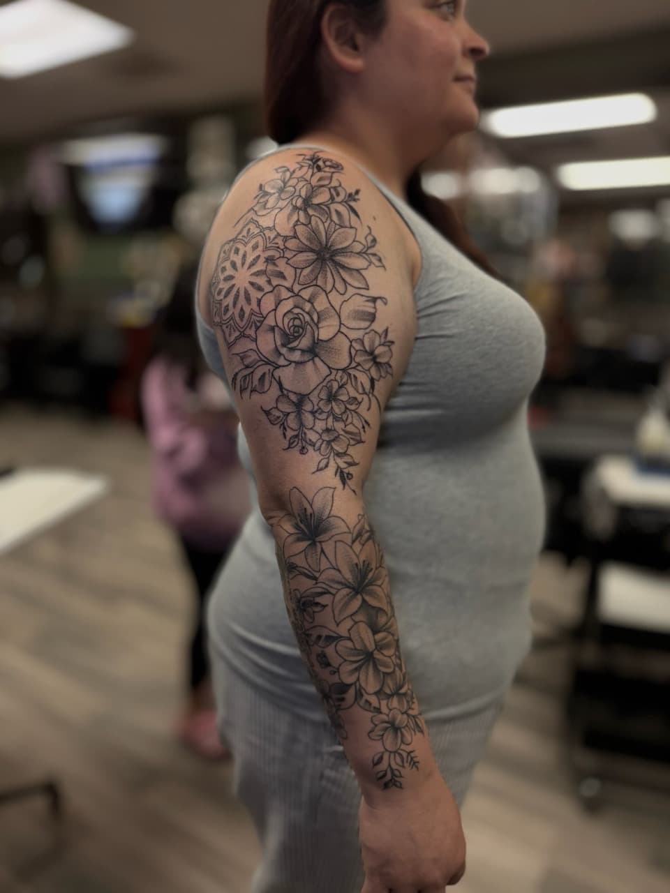 Fine Line + Black & Grey flowers tattoo on Full Sleeve by Radtattoo on TattMe