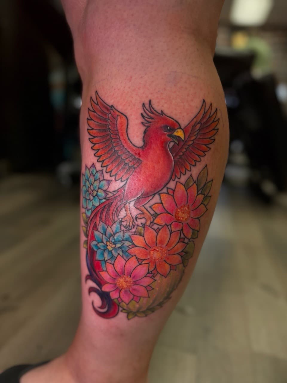 Color + Neo-Traditional phoenix tattoo on Calf by Radtattoo on TattMe