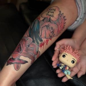 Anime + Color sukuna tattoo on Calf by Radtattoo on TattMe