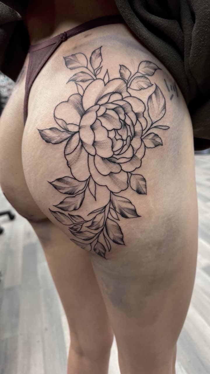 Fine Line + Black & Grey flower tattoo on Buttocks by Radtattoo on TattMe