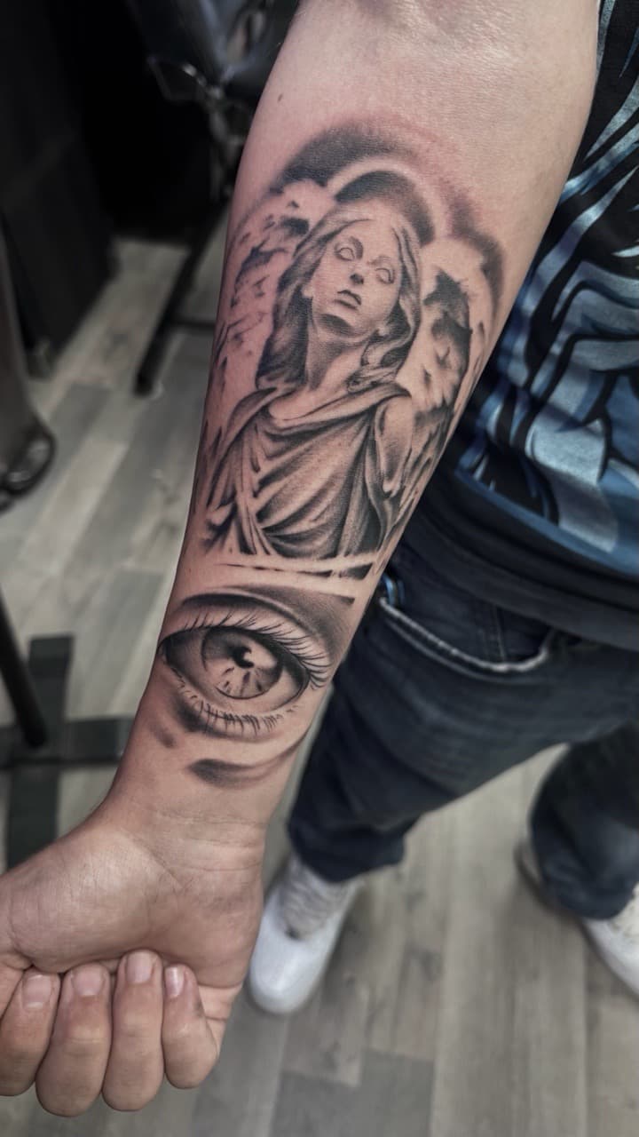 Black & Grey + Realism angel tattoo on Forearm by Radtattoo on TattMe