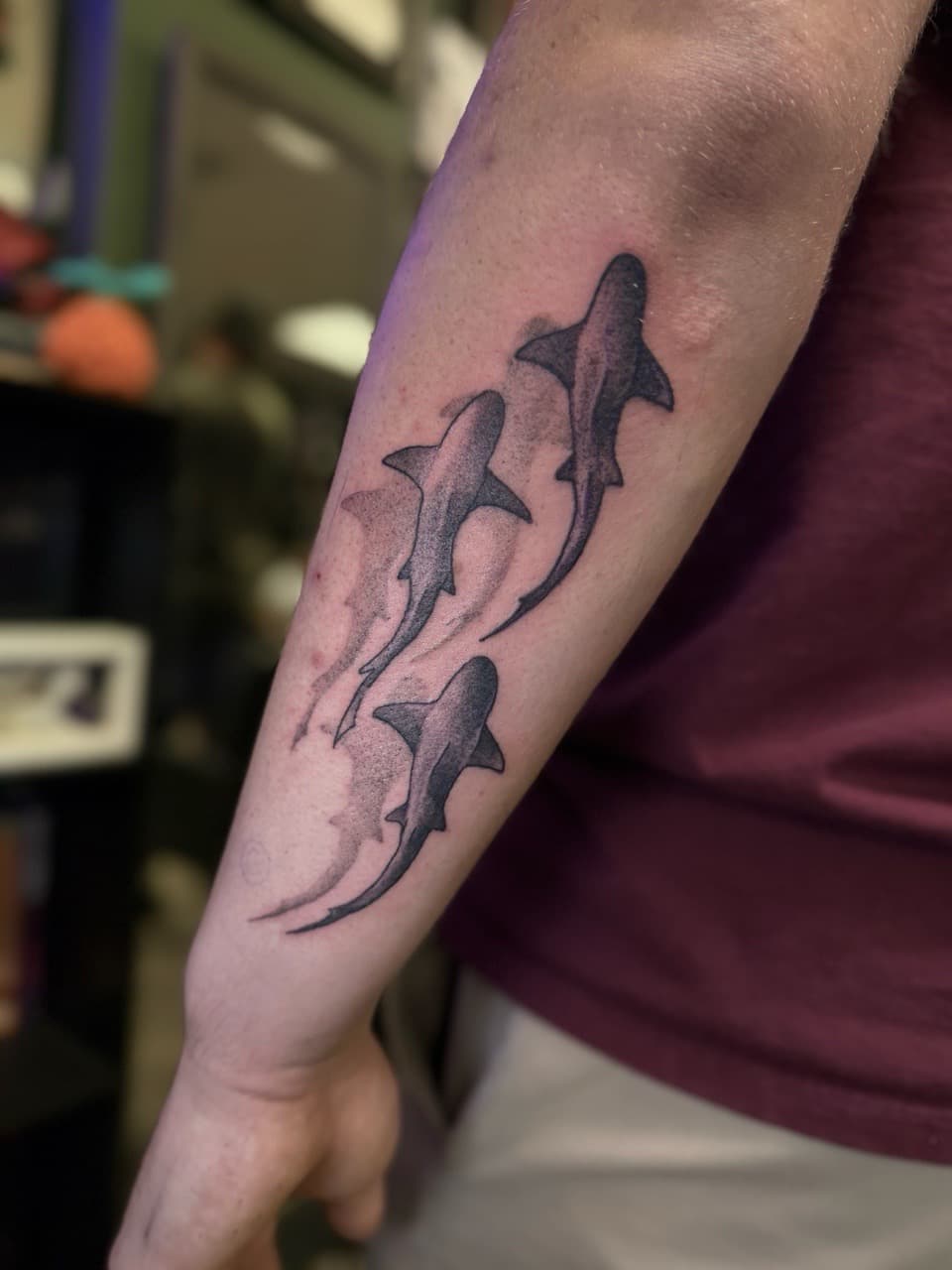 Black & Grey + Dot-work sharks tattoo on Forearm by Radtattoo on TattMe