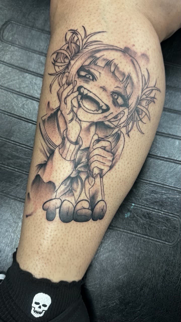 Anime + Black & Grey girl tattoo on Calf by Radtattoo on TattMe