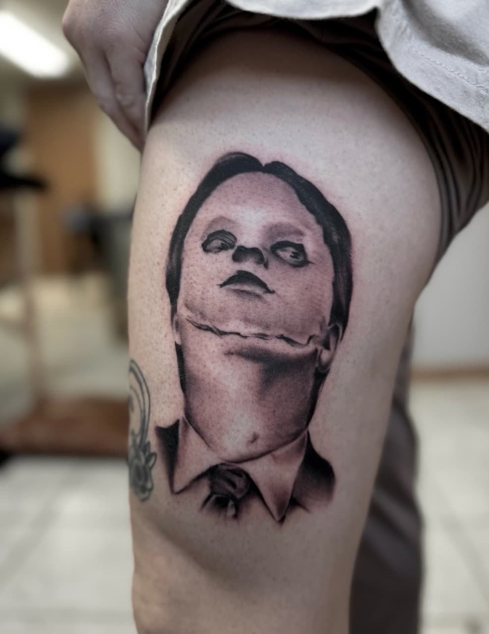 Black & Grey + Realism dwight schrute tattoo on Thigh by Radtattoo on TattMe