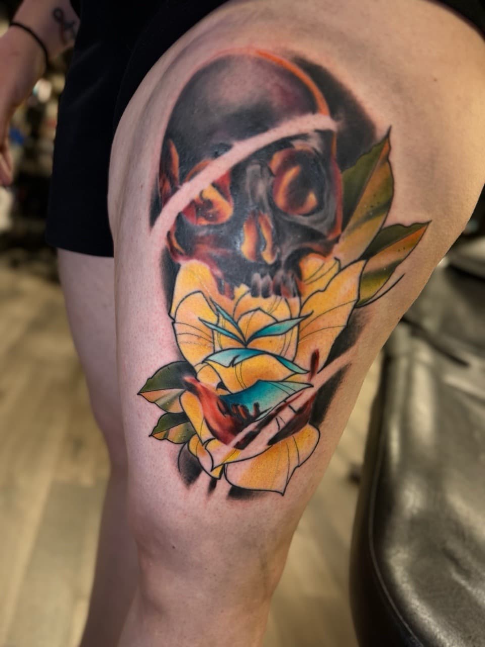 Color + Illustrative skull tattoo on Thigh by Radtattoo on TattMe