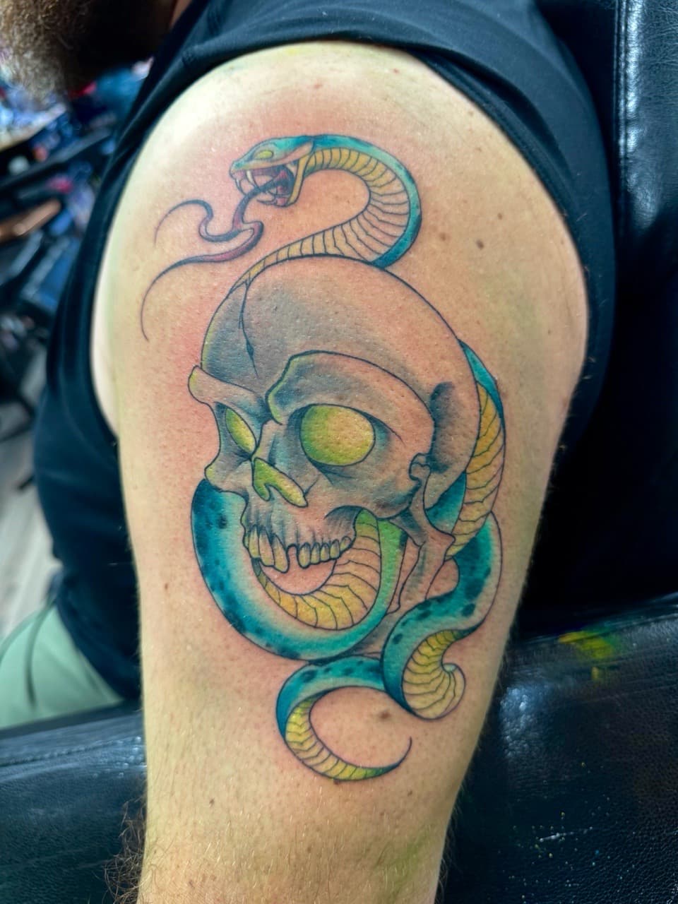 Color + Illustrative skull tattoo on Upper Arm by Radtattoo on TattMe