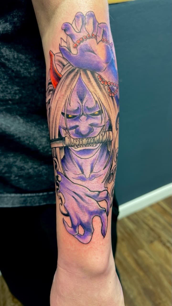 Japanese + Color demon tattoo on Forearm by Radtattoo on TattMe