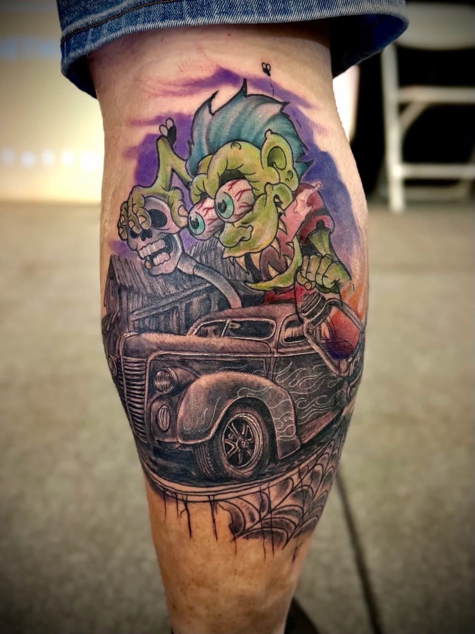 New School + Color monster tattoo on Calf by Radtattoo on TattMe