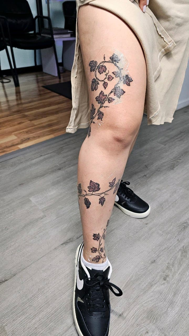 Fine Line + Floral vine tattoo on Full Leg Sleeve by Selva_Tierra_Tattoos on TattMe