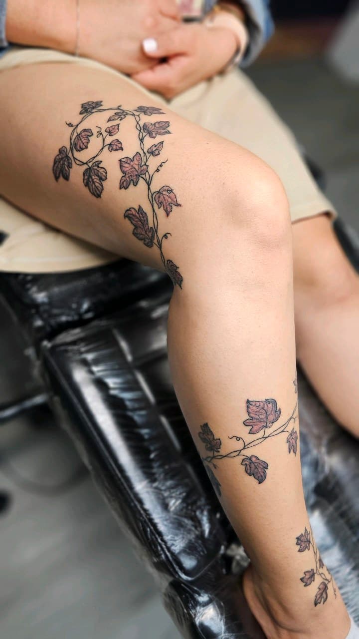 Fine Line + Floral vine tattoo on Full Leg Sleeve by Selva_Tierra_Tattoos on TattMe