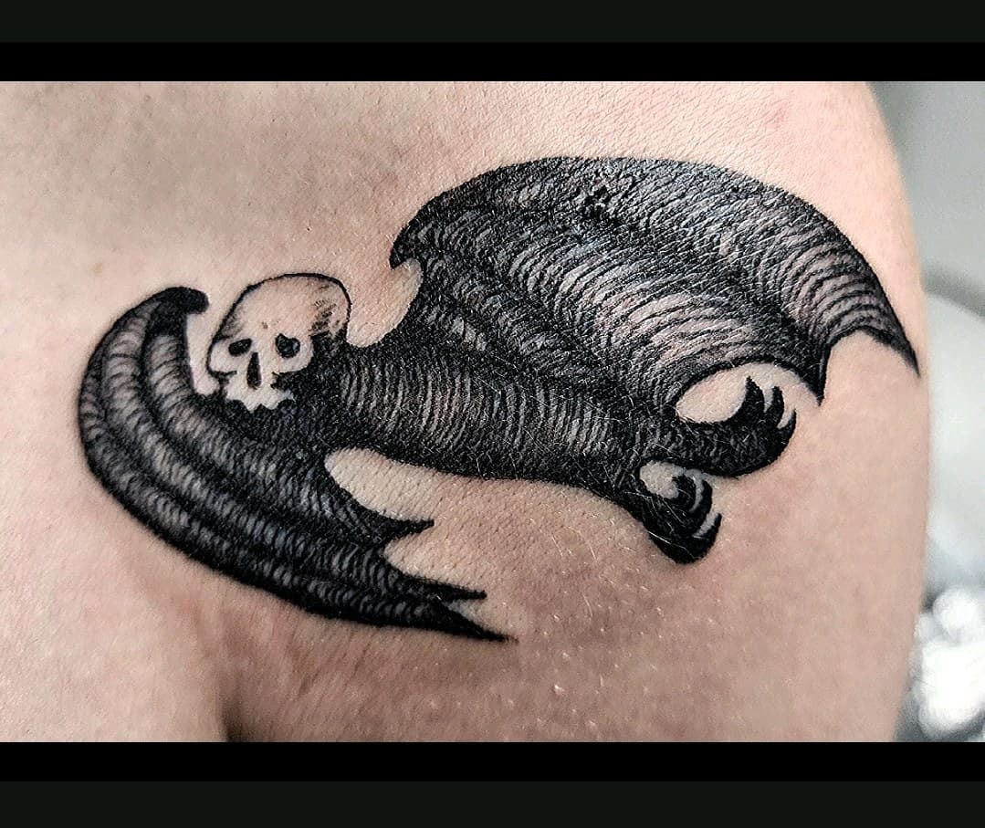 Black-work + Gothic skull tattoo on Shoulder by Selva_Tierra_Tattoos on TattMe
