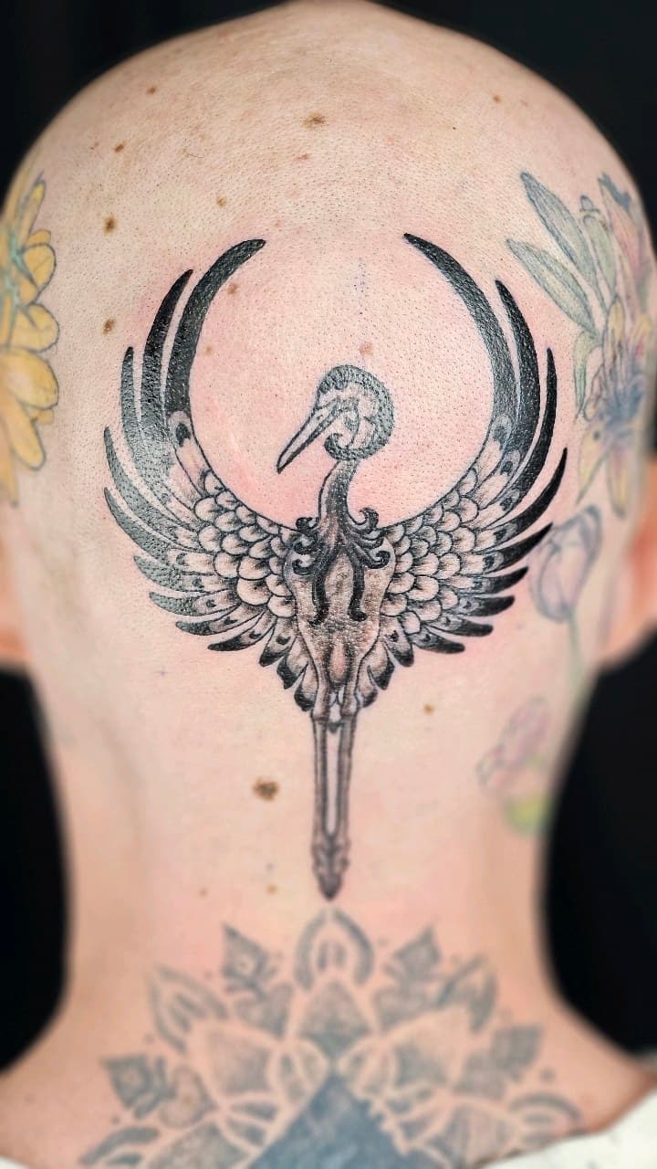 Black & Grey + Illustrative bird tattoo on Scalp by Selva_Tierra_Tattoos on TattMe