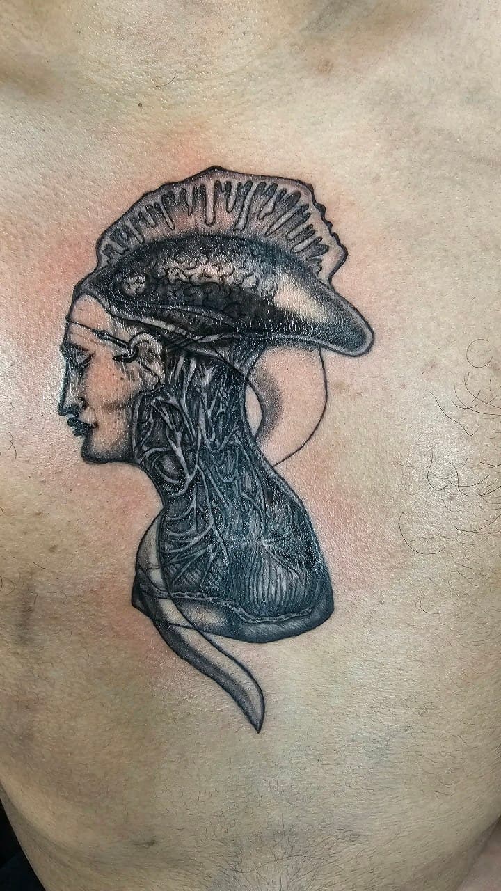 Black & Grey + Illustrative woman tattoo on Chest by Selva_Tierra_Tattoos on TattMe