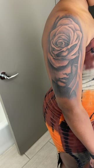 Black & Grey + Realism rose tattoo on Upper Arm by Lo_Mann on TattMe