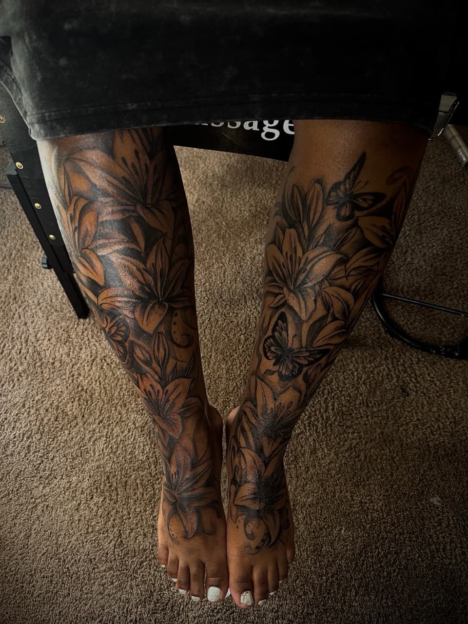 Floral + Black & Grey lilies tattoo on Calf by NUDEINK on TattMe