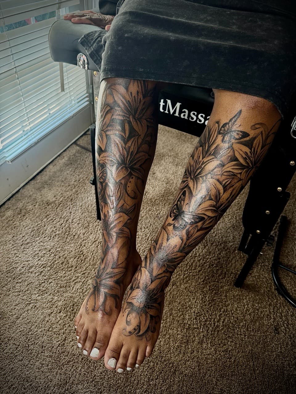 Black & Grey + Floral flowers tattoo on Calf by NUDEINK on TattMe