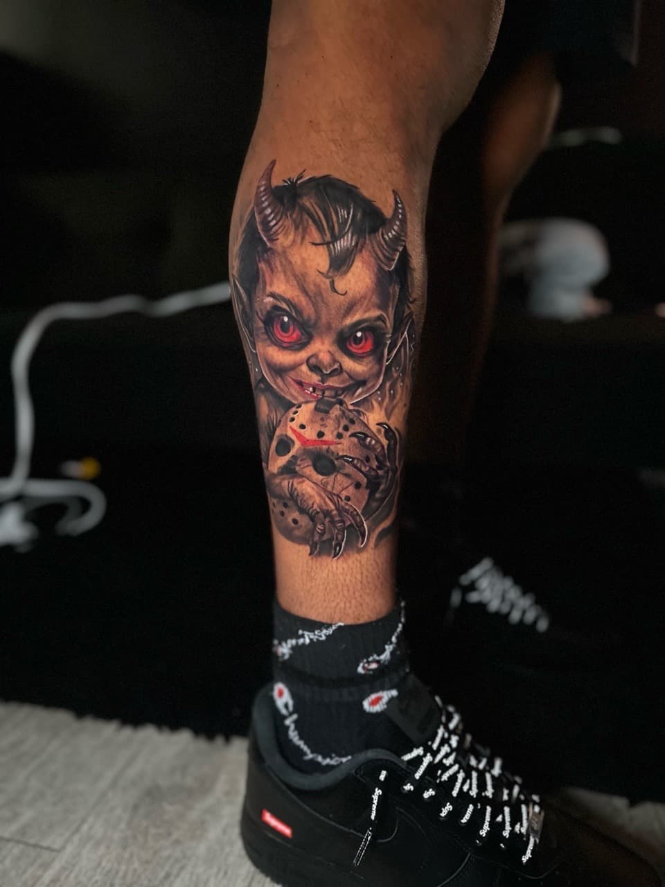 Realism + Color baby devil tattoo on Calf by Christopher_Ink on TattMe