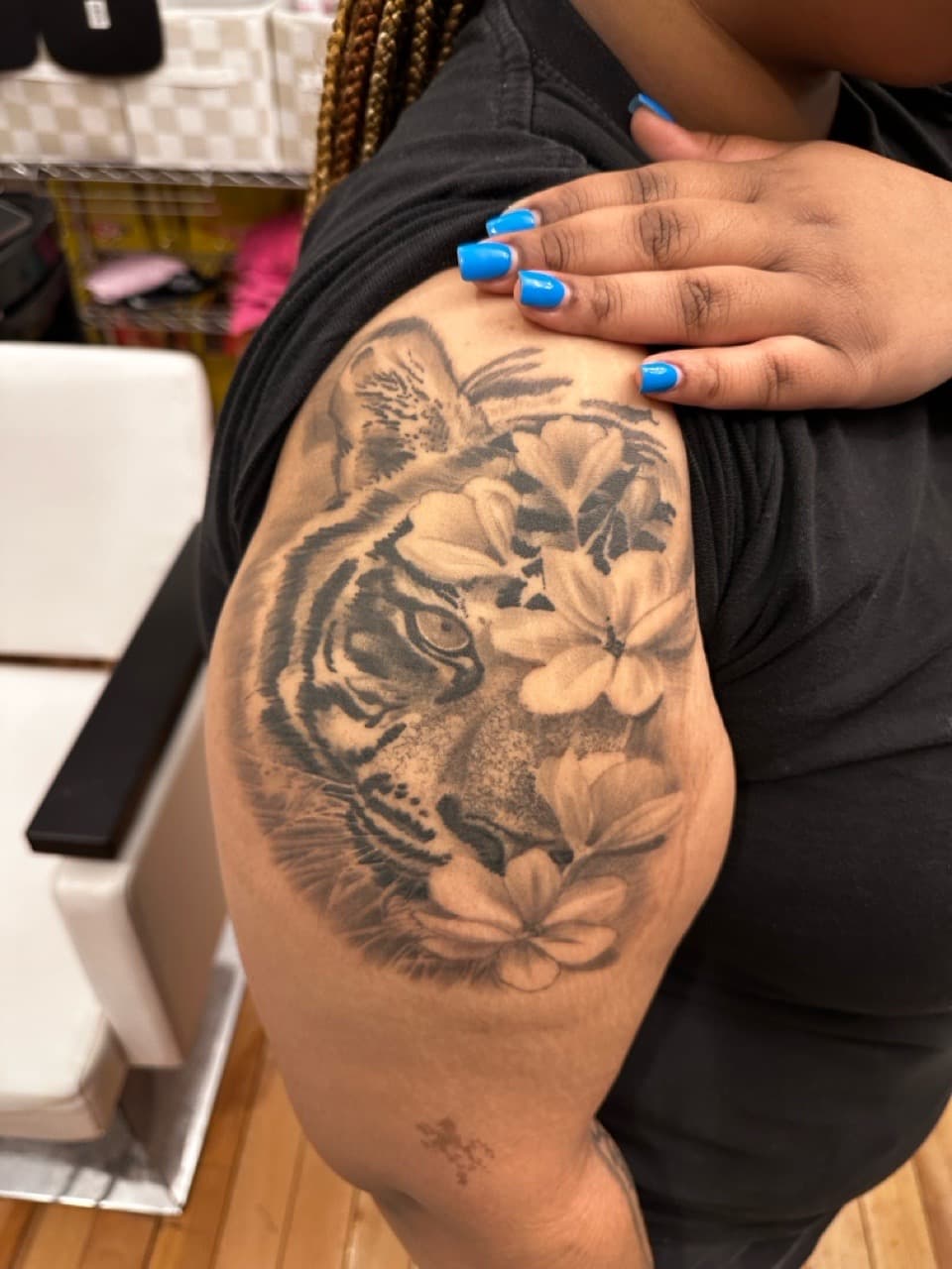 Black & Grey + Floral tiger tattoo on Upper Arm by Christopher_Ink on TattMe