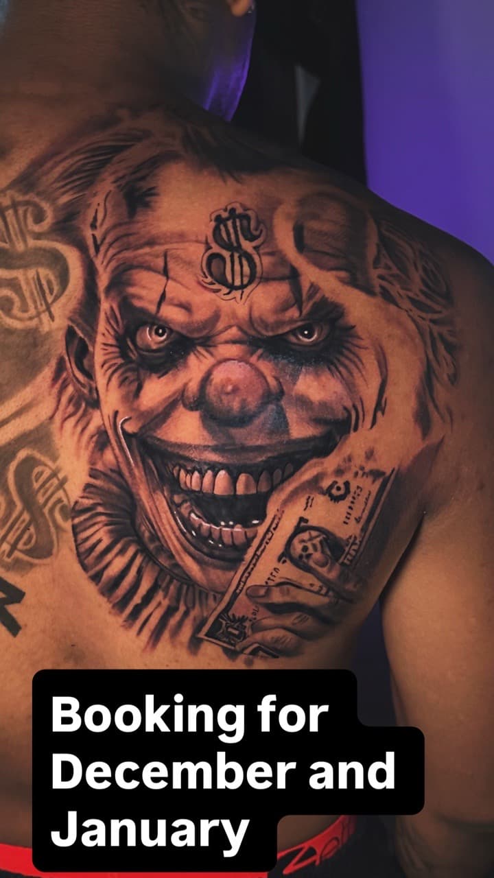 Black & Grey + Realism clown tattoo on Upper Back by Christopher_Ink on TattMe