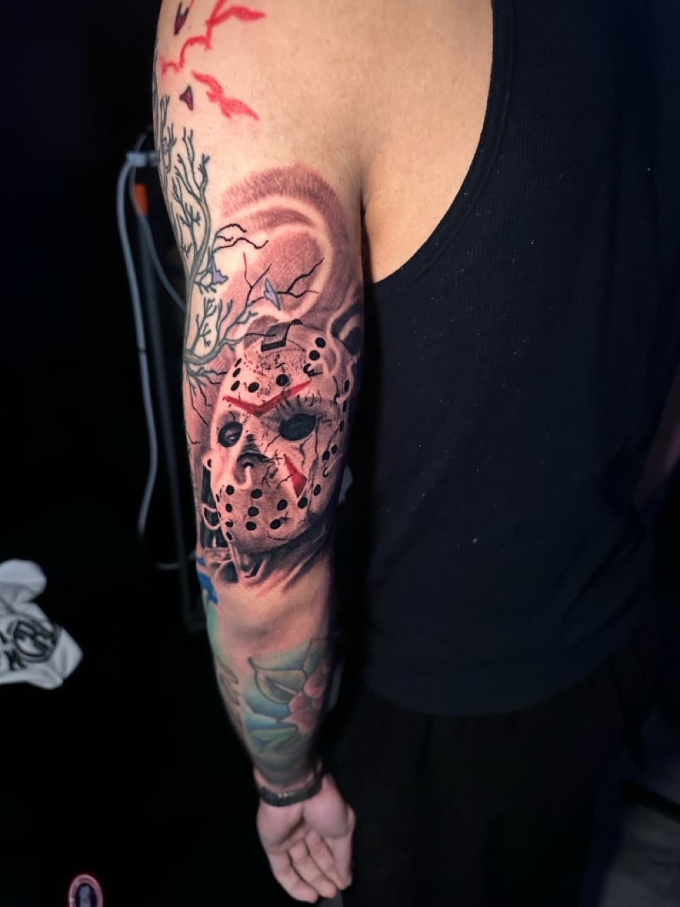 Realism + Black & Grey mask tattoo on Full Sleeve by Christopher_Ink on TattMe