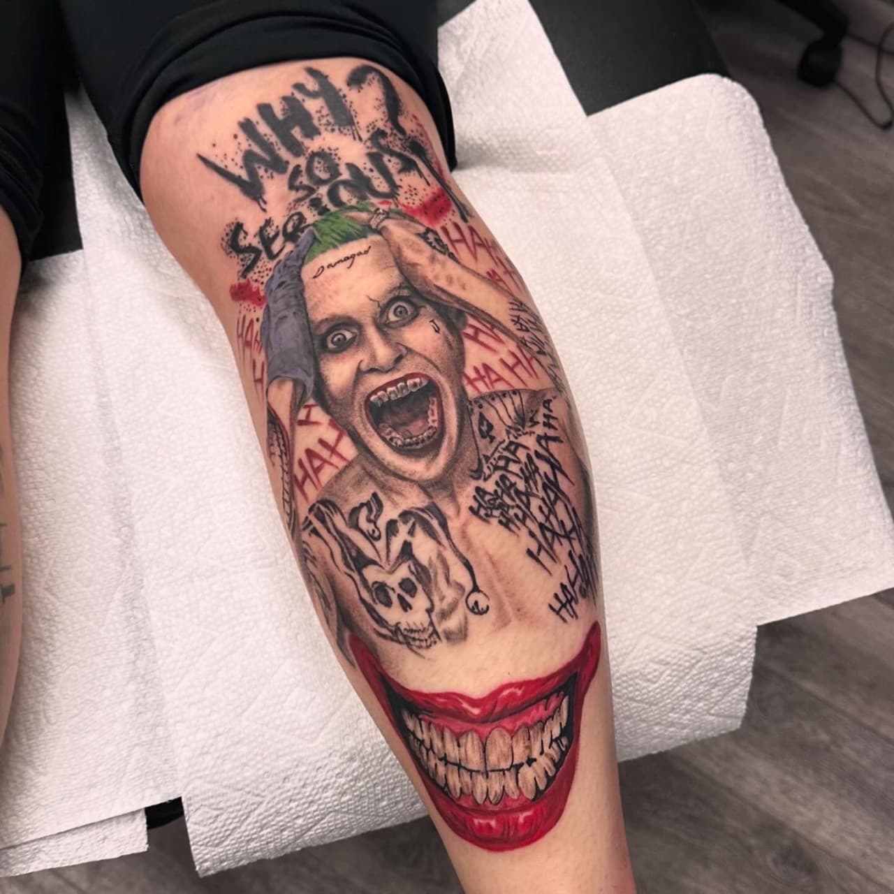 Realism + Color joker tattoo on Shin by Christopher_Ink on TattMe