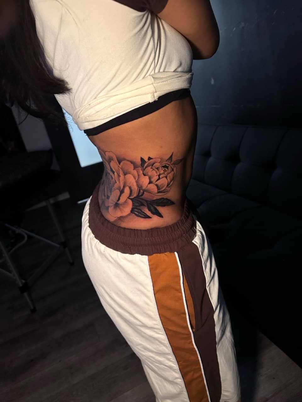 Black & Grey + Floral peonies tattoo on Ribs by Christopher_Ink on TattMe