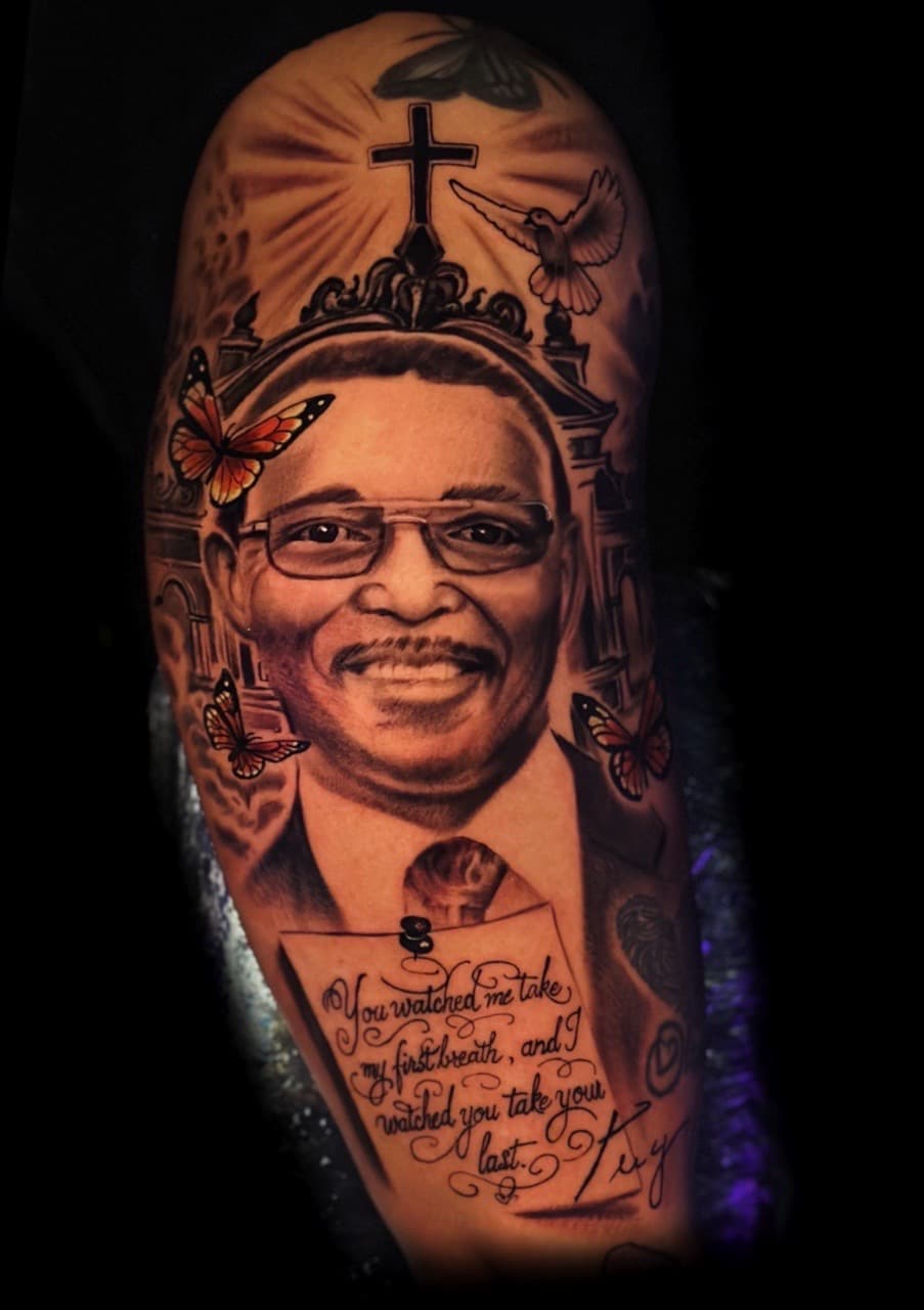Realism + Black & Grey man tattoo on Upper Arm by Christopher_Ink on TattMe