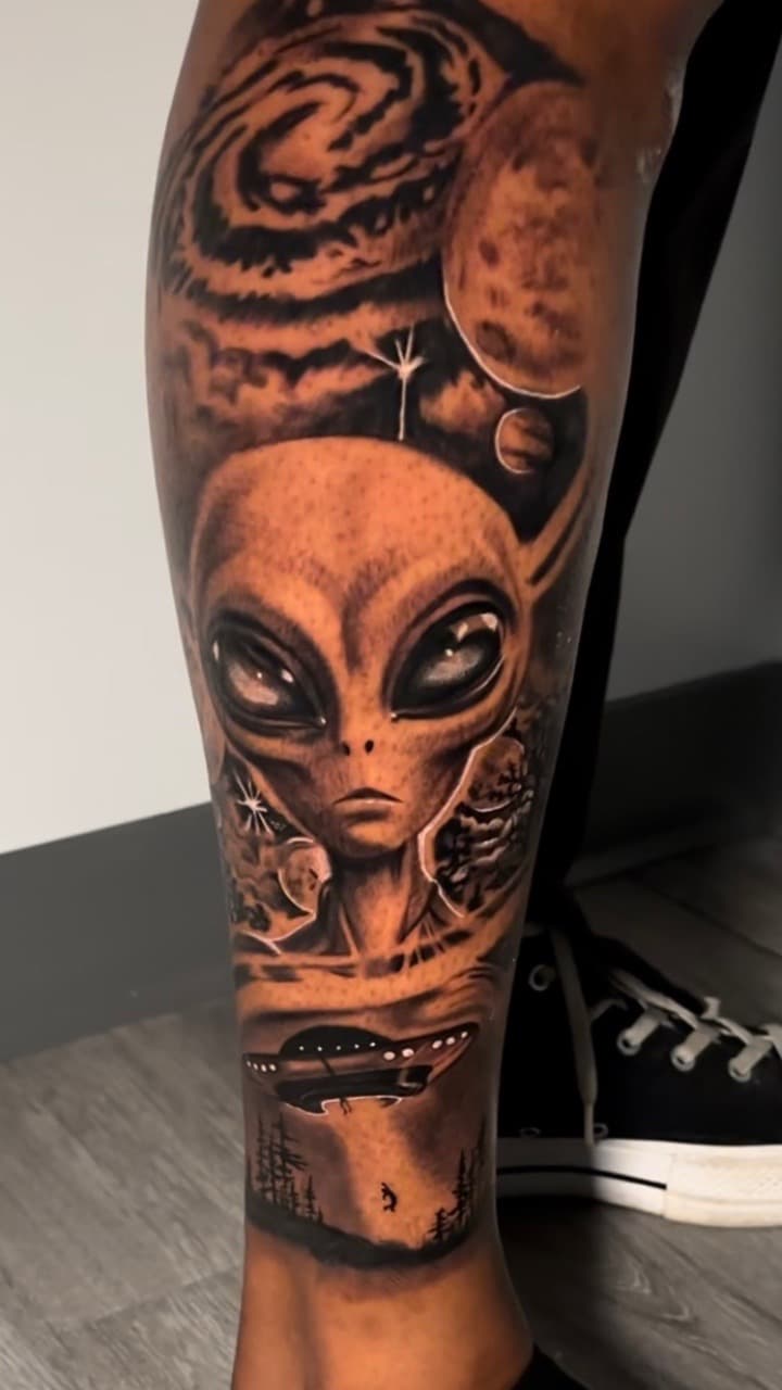 Black & Grey + Realism alien tattoo on Calf by Christopher_Ink on TattMe