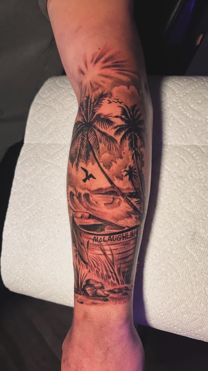 Black & Grey + Illustrative palm trees tattoo on Forearm by Christopher_Ink on TattMe