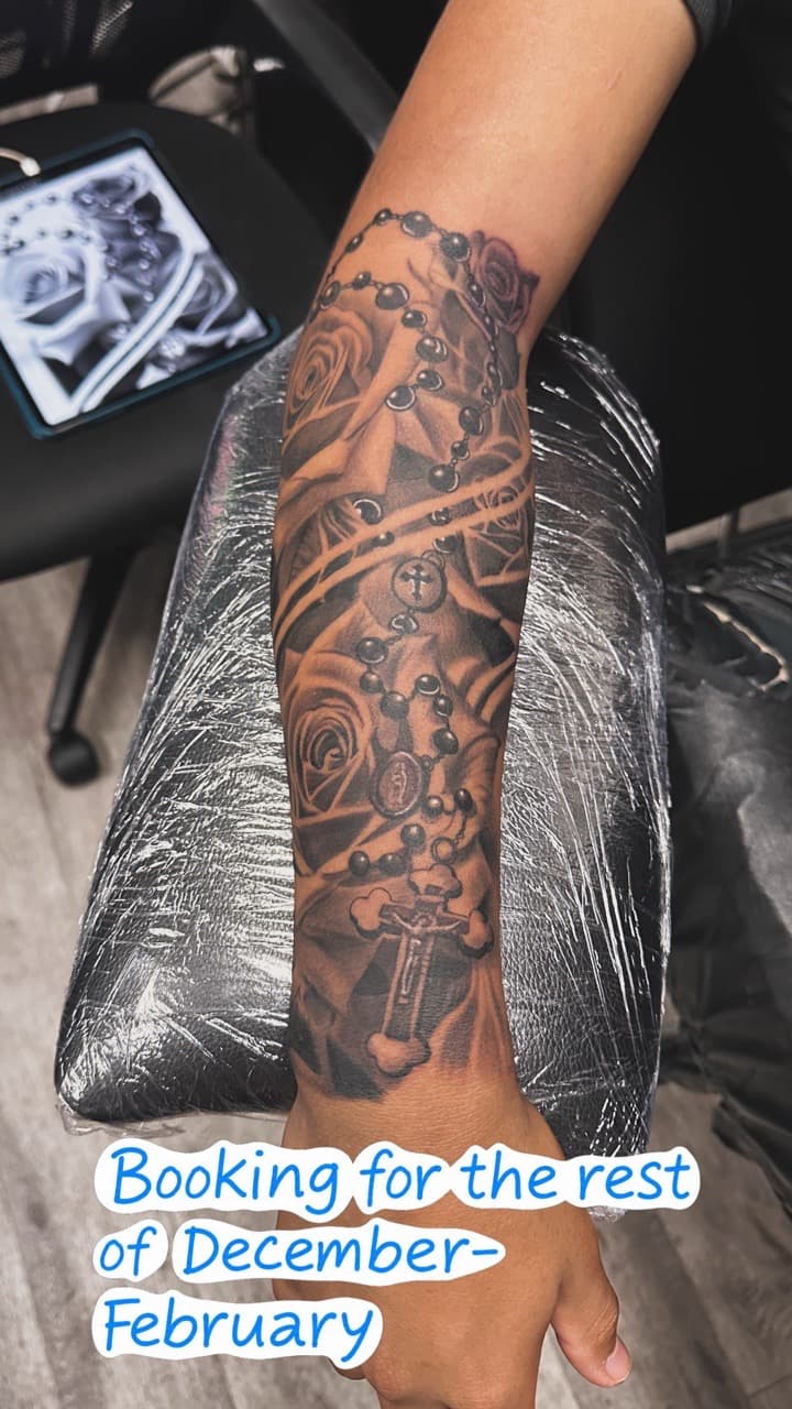 Black & Grey + Realism rosary tattoo on Forearm by Christopher_Ink on TattMe