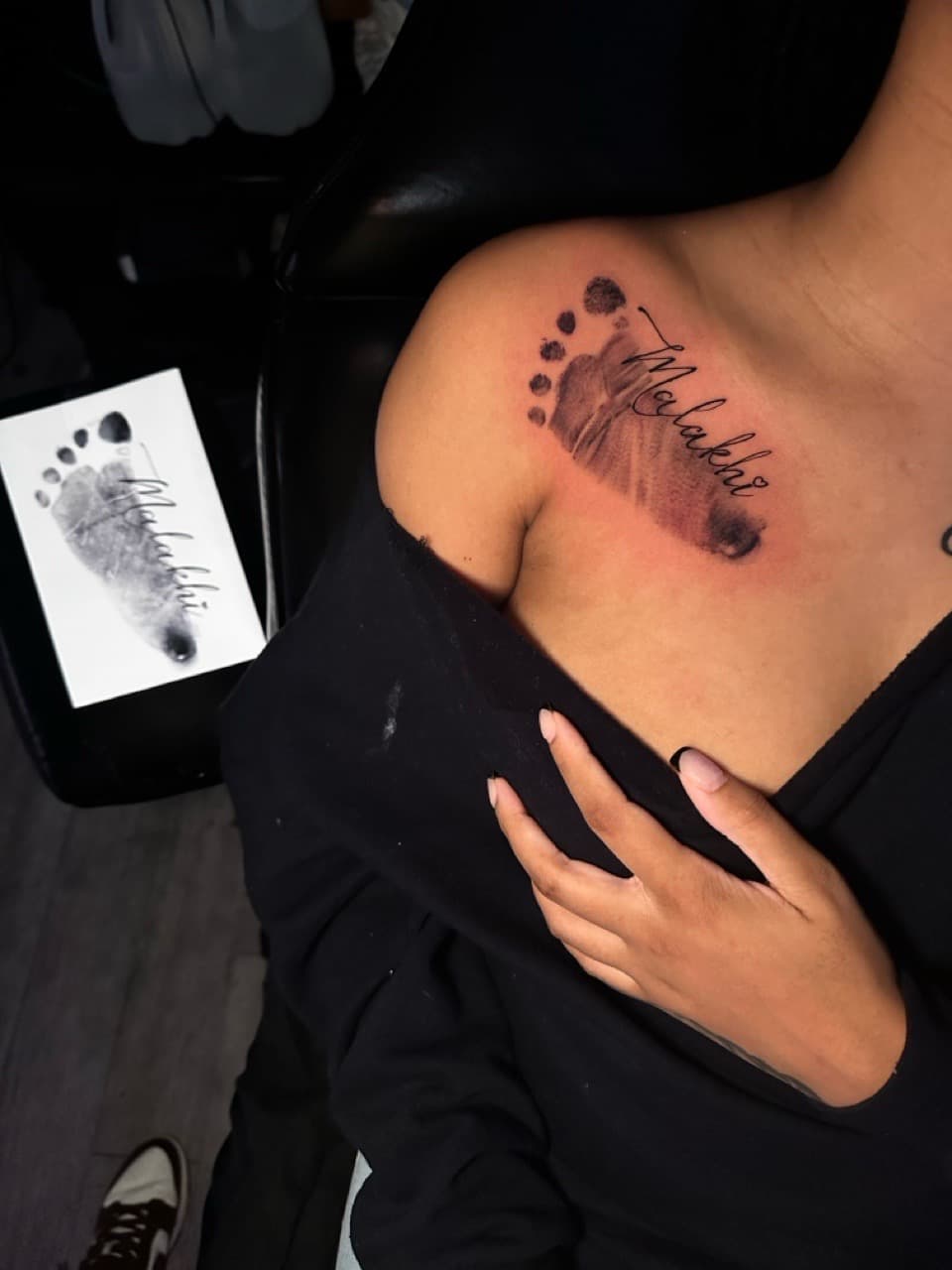 Black & Grey + Lettering footprint tattoo on Side (Torso) by Christopher_Ink on TattMe