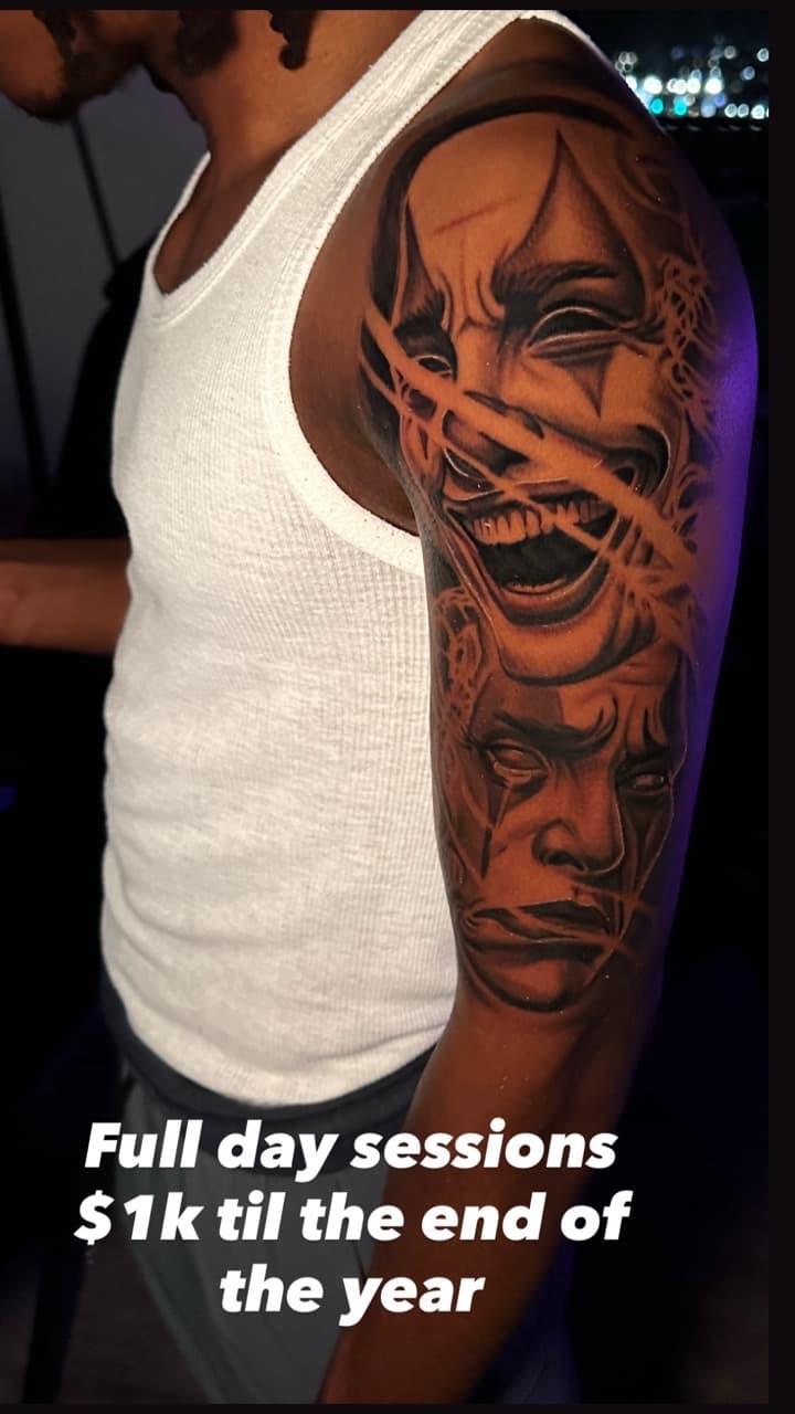 Black & Grey + Realism clowns tattoo on Half Sleeve by Christopher_Ink on TattMe