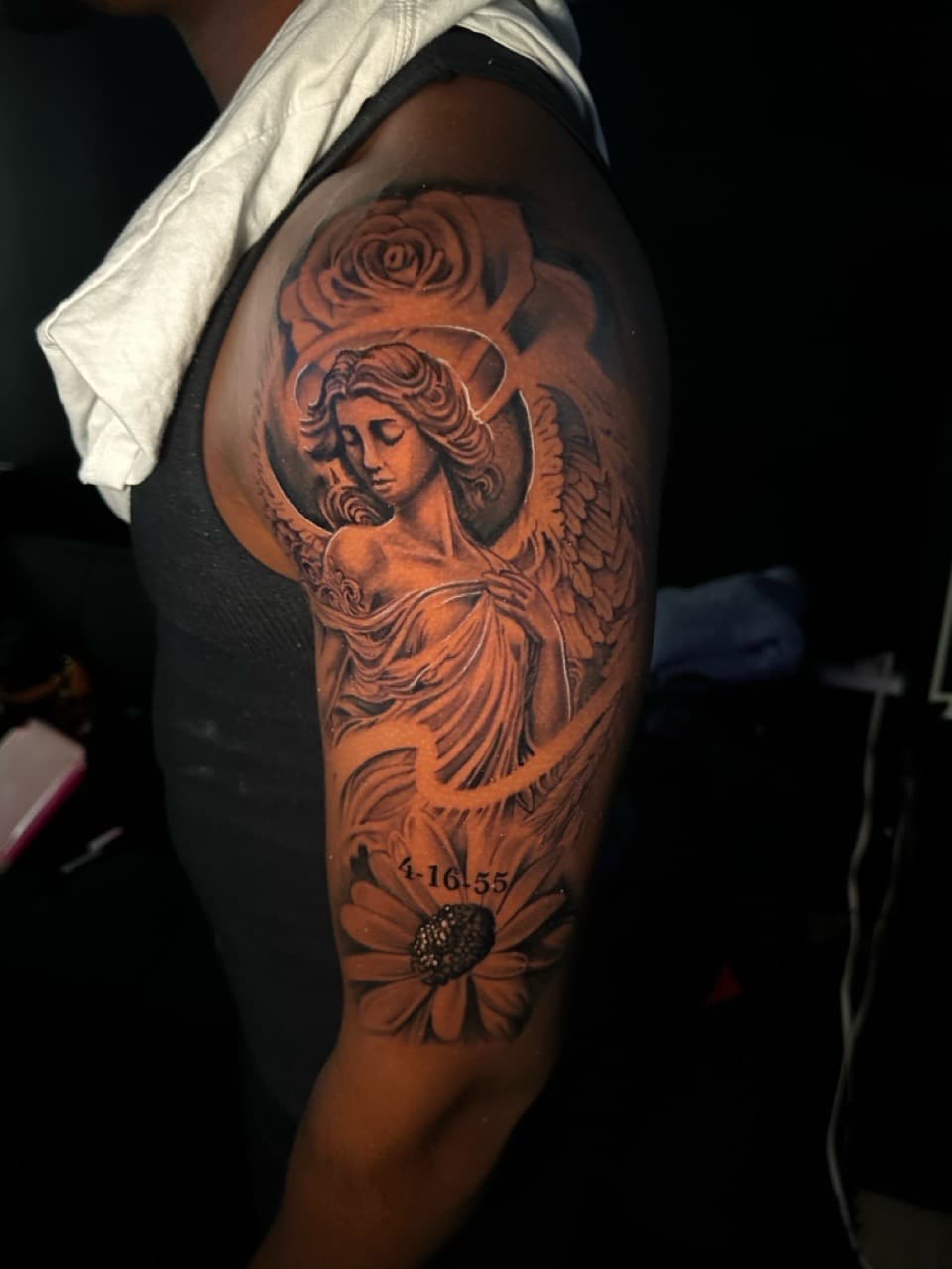 Black & Grey + Realism angel tattoo on Thigh by Christopher_Ink on TattMe