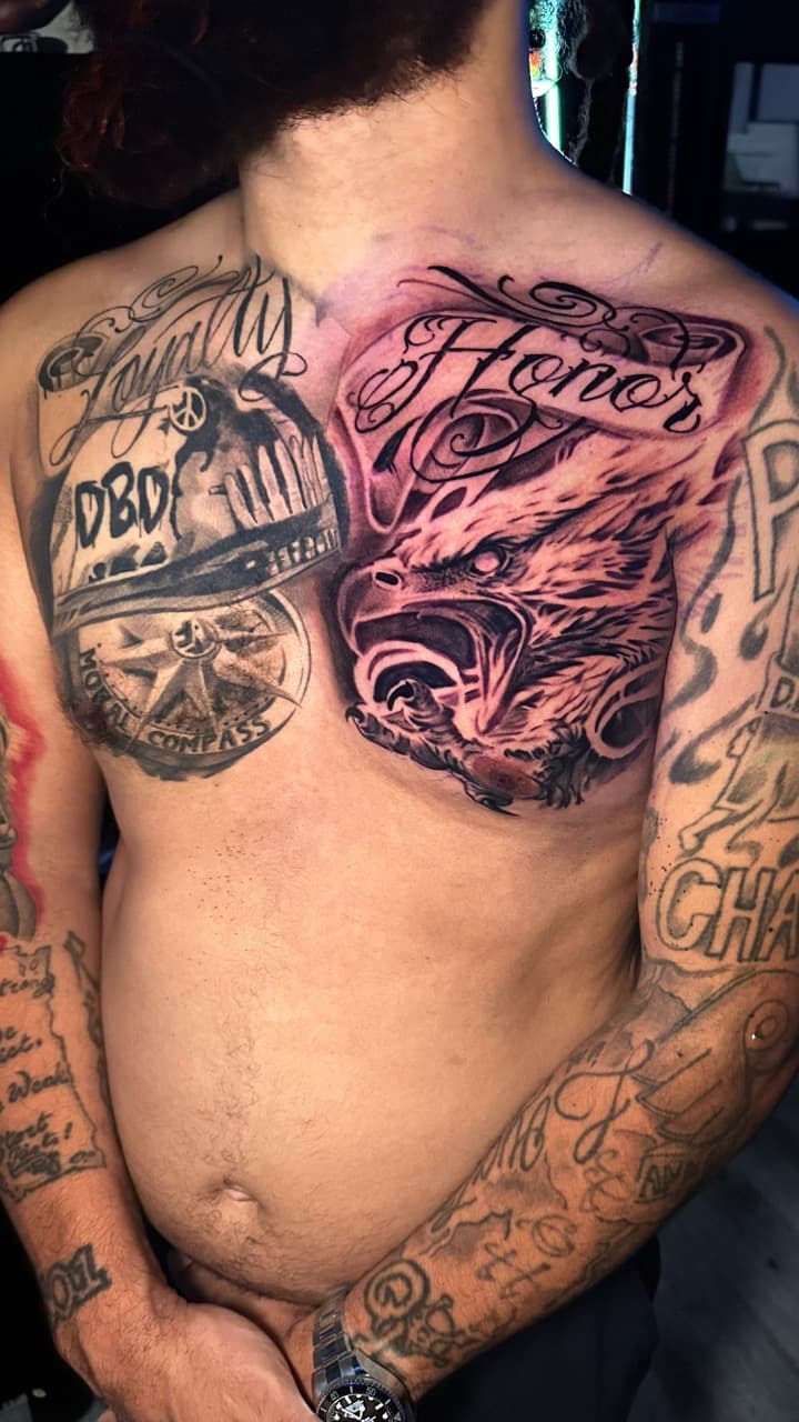 Black & Grey + Lettering eagle tattoo on Chest by Christopher_Ink on TattMe