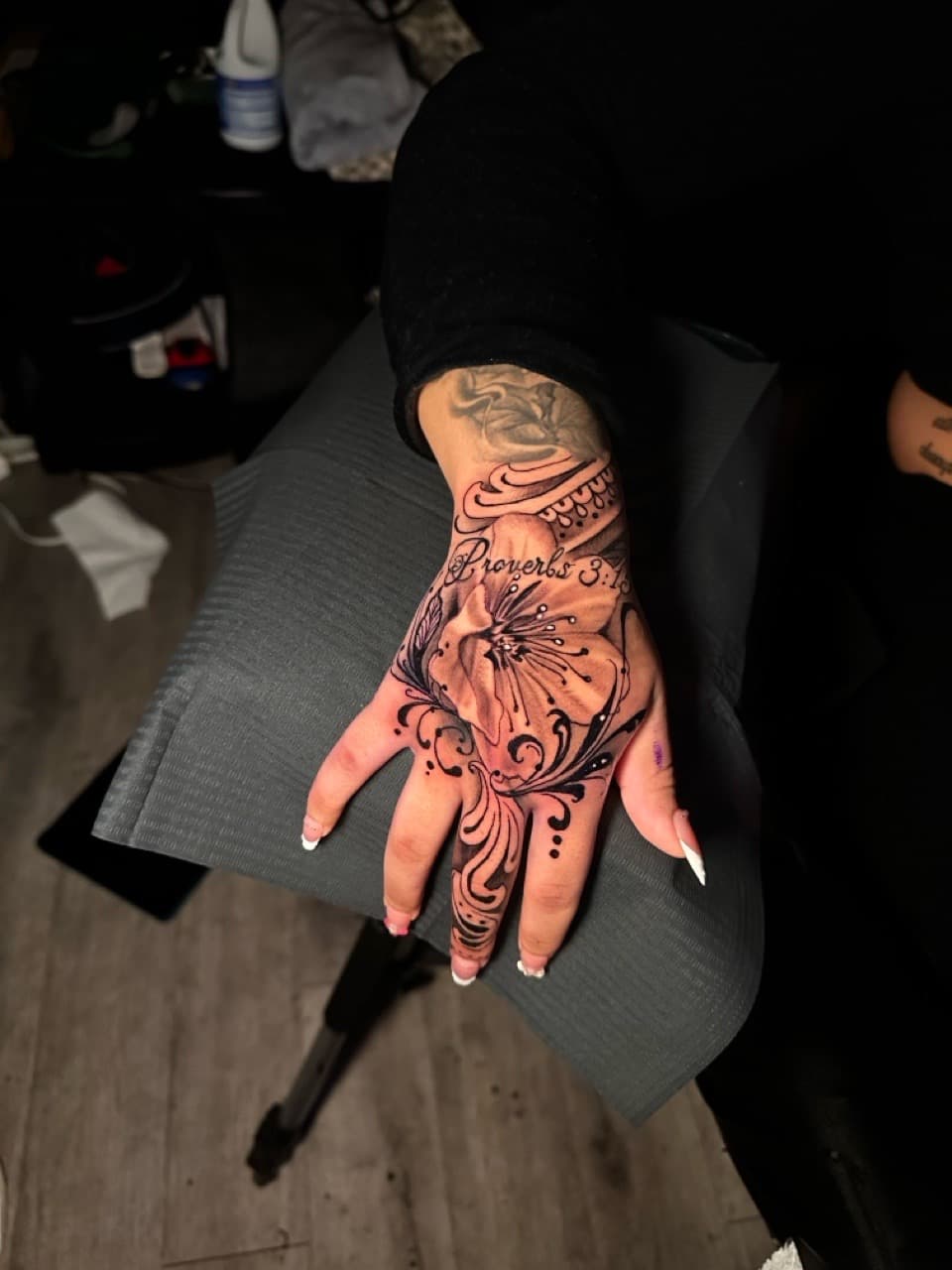 Fine Line + Floral hand tattoo on Hand by Christopher_Ink on TattMe