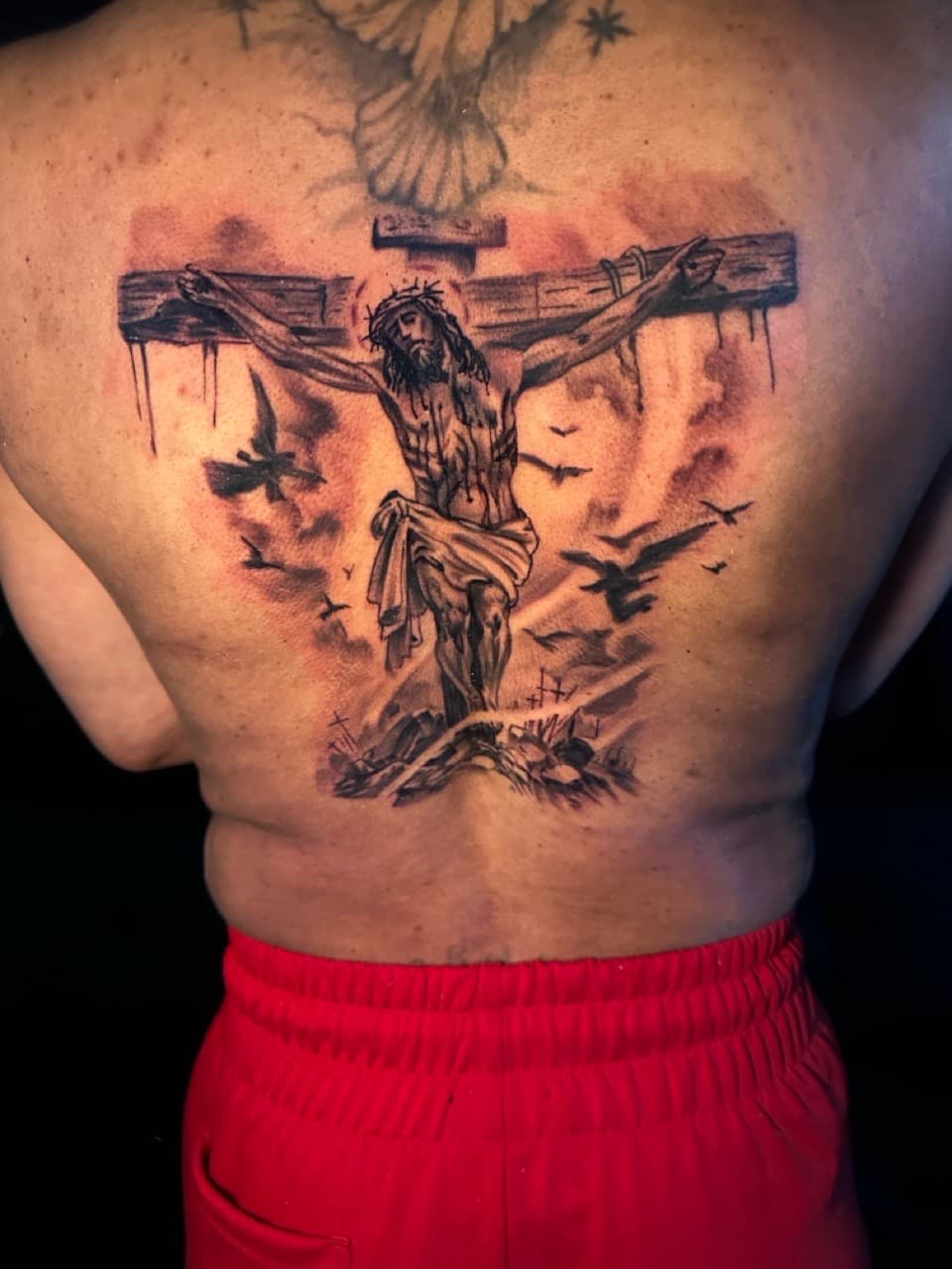 Black & Grey + Realism jesus tattoo on Upper Back by Christopher_Ink on TattMe